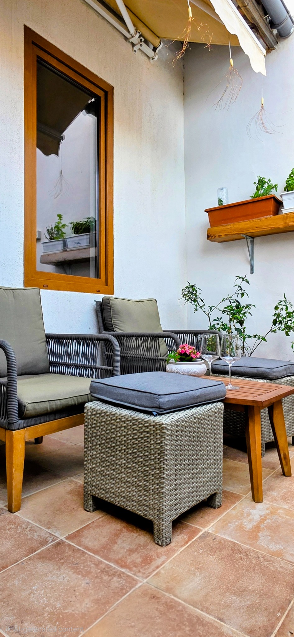 Sunny private terrace with outdoor seating and plants